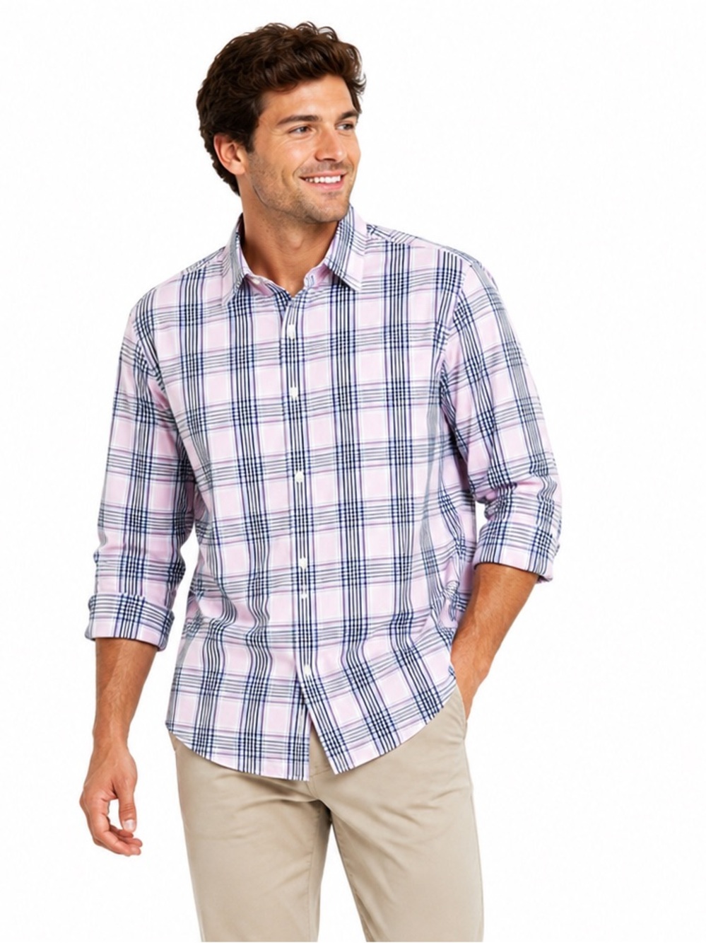 Banana Republic Pink and Black Plaid Button-Up Shirt M Mens No Iron Slim Fit
